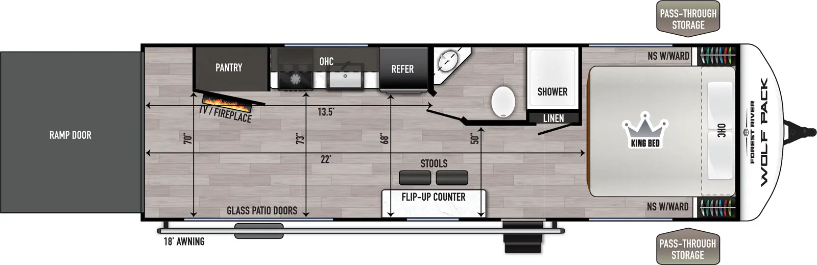 The Wolf Pack 26-13.5 floorplan is a toy hauler that has two entries and zero slide outs. Exterior features include: fiberglass exterior and 18' awning. 